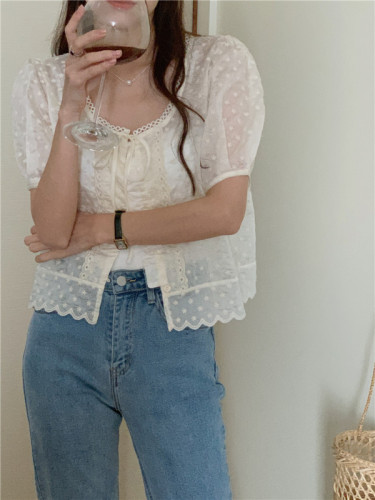 Real price Korean version micro transparent lace splicing silk embroidered cardigan lace up chiffon shirt in stock