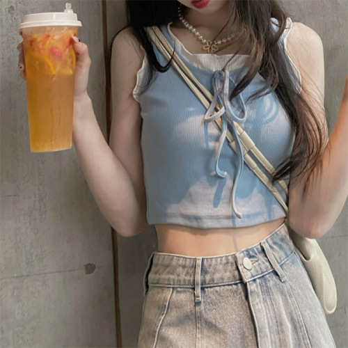 Summer Korean version superimposed fake two-piece suspenders outer top women's design short vest with sleeveless T-shirt trend