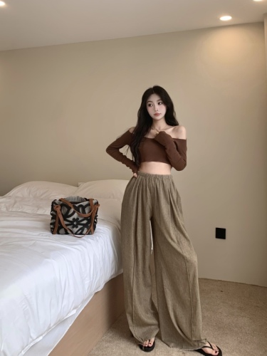 Real price elegant swan neck off shoulder knitted thin top + lazy high waist linen wide leg casual pants