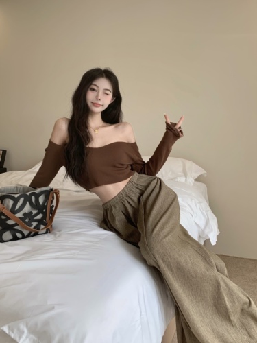 Real price elegant swan neck off shoulder knitted thin top + lazy high waist linen wide leg casual pants