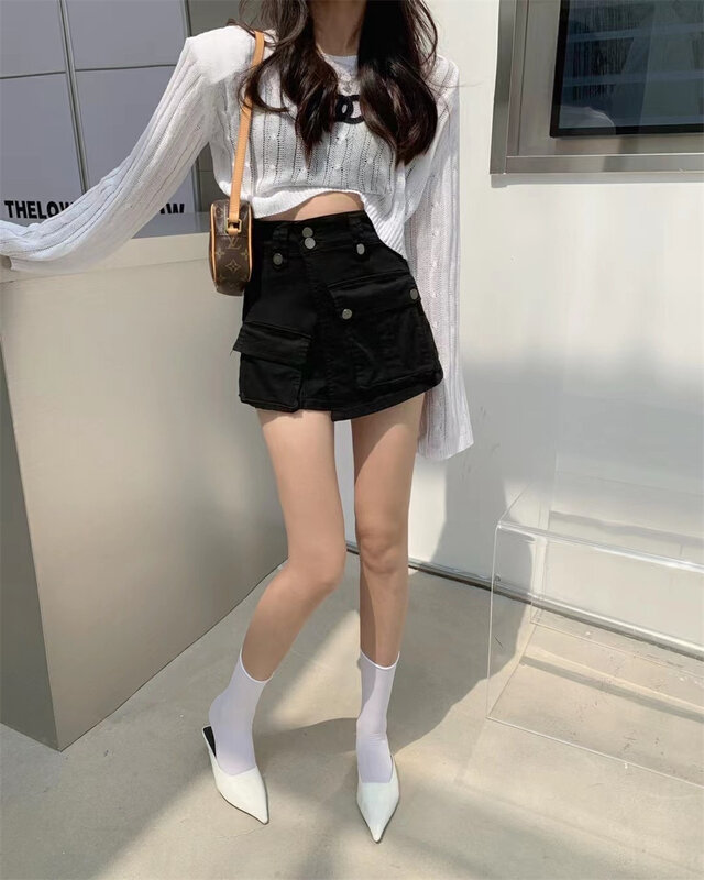 [Muxi] fashionable hot girl wash jeans double pocket skirt pants ys2-6119\wpl