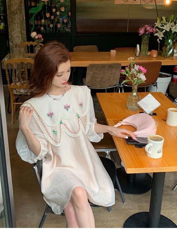 [come and see] cream sweetheart French white Tencel Hepburn summer new embroidered a dress 1208# JJ