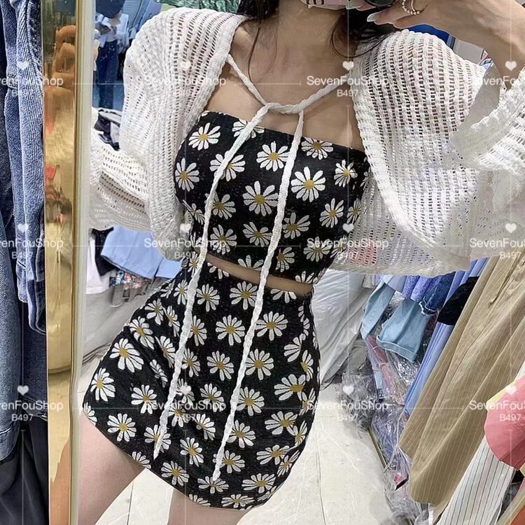 [sevenforshop] daisy flower design Vest + high waist skirt set 65481# ozq