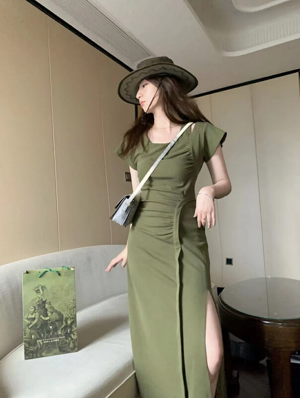 [come and see] overalls lazy pleated waist slit dress 1422# JJ