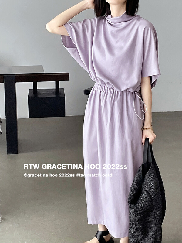 Original price 135.23! [gracetina Hoo] simple stand collar drawstring short sleeve skirt set tz355