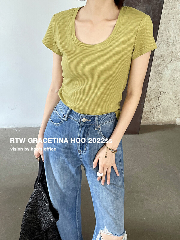 [gracetina Hoo] special texture thin U-neck short sleeve T-shirt t2186
