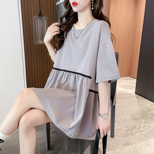 Real shot pull frame cotton back Lapel short sleeve T-shirt women's summer high waist doll middle and long design top