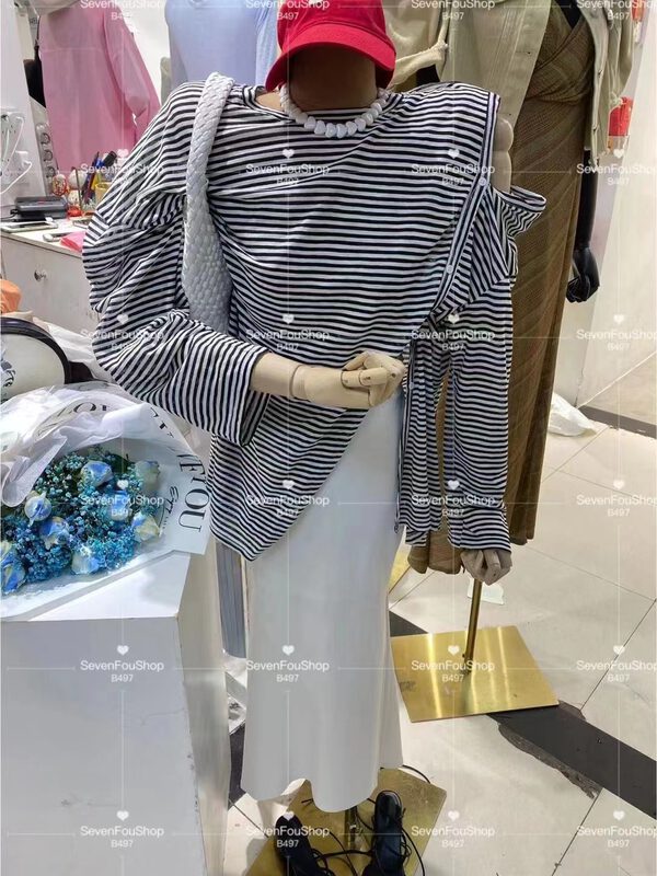 [sevenforshop] casual loose striped long sleeve T-shirt 67998# ozq