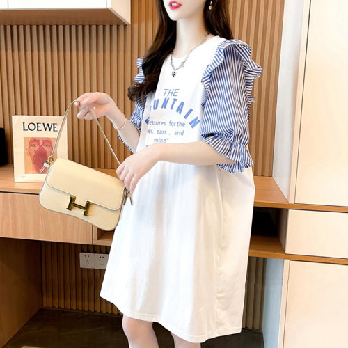 Official figure - Summer Korean loose stitching striped ruffle sleeves medium long large women's short sleeve T-shirt women