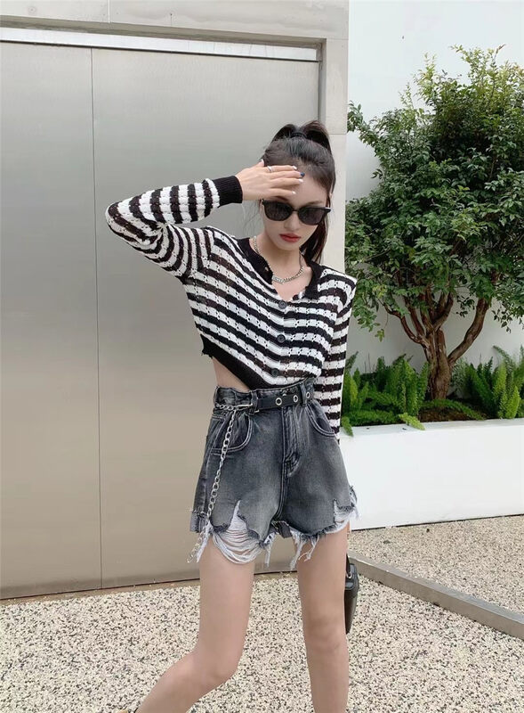 [Muxi] high waist hole breaking super short Spice Girl denim shorts (with belt) 6118# WPL