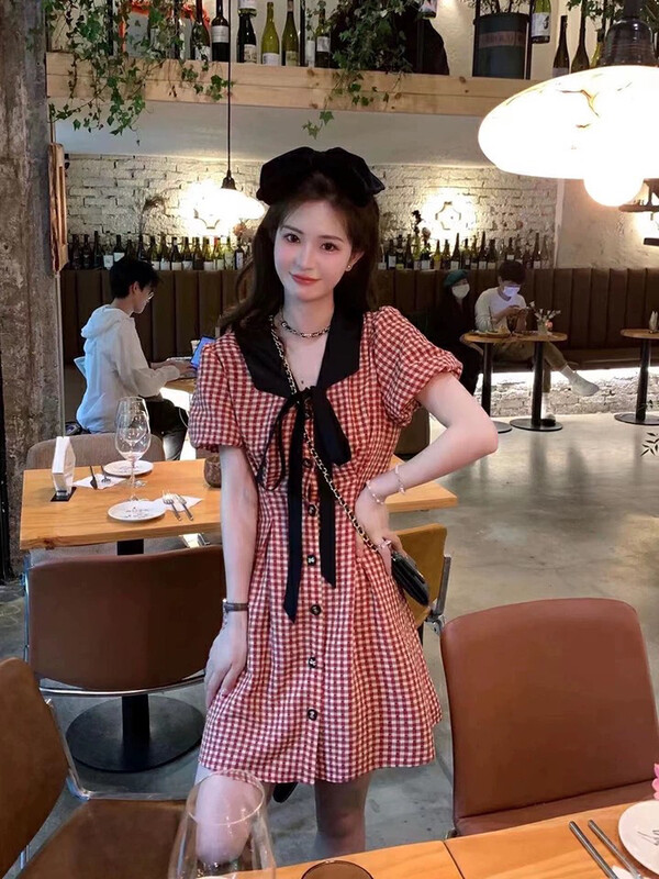 [come and see] French retro temperament bowknot Plaid bubble sleeve dress 1379# JJ