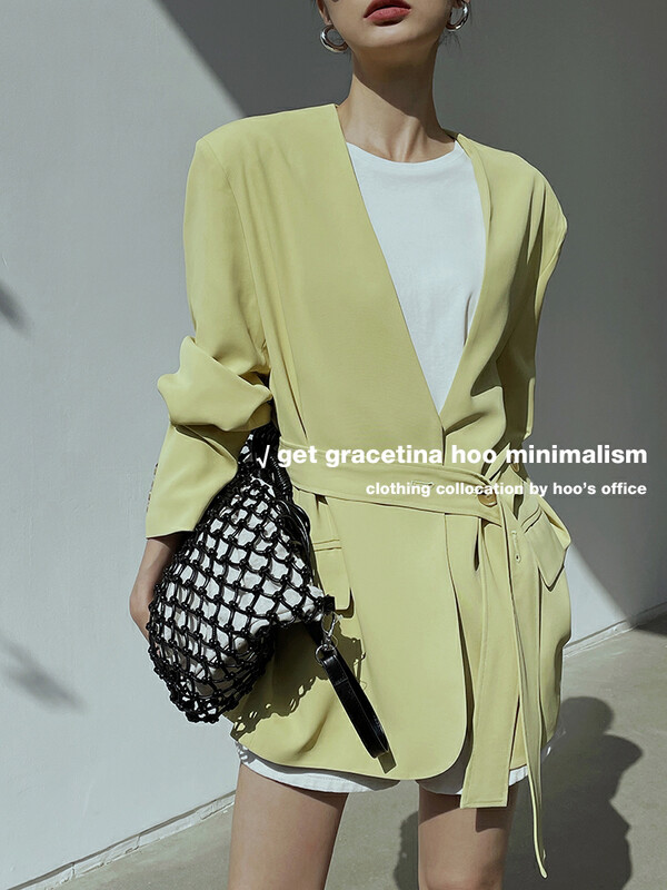 Original price 179.35! [gracetina Hoo] Korean style style sagging slightly off shoulder suit (with belt) wt510# cqw
