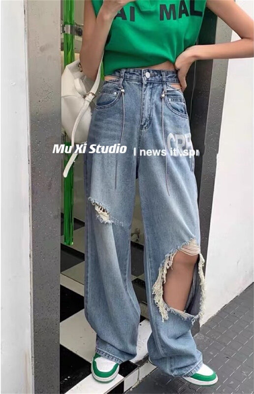 [Muxi] street fashion hole loose wide leg jeans (with chain) 6110# WPL