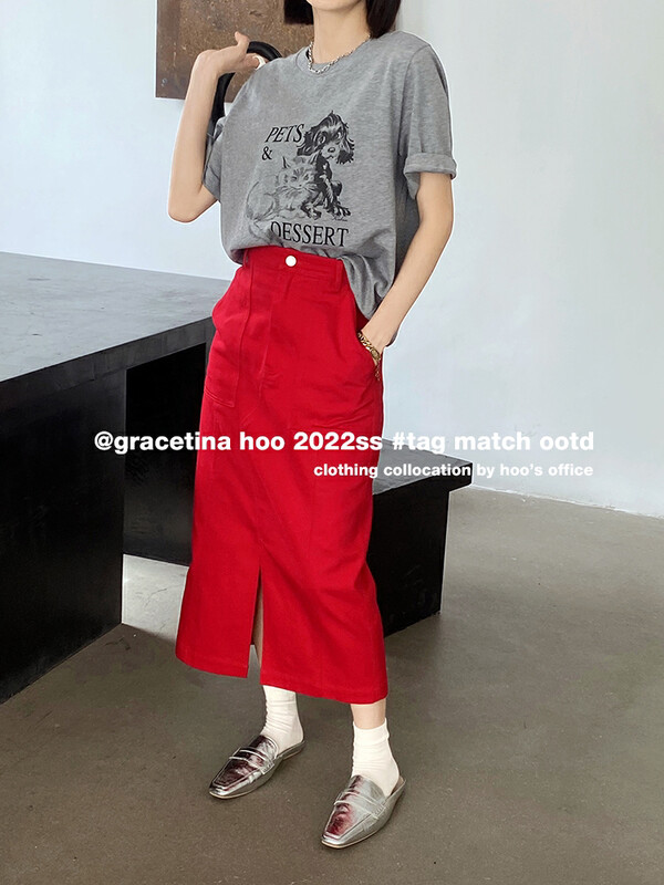 [gracetina Hoo] design sense water wash cotton slit skirt bq6195# cqw