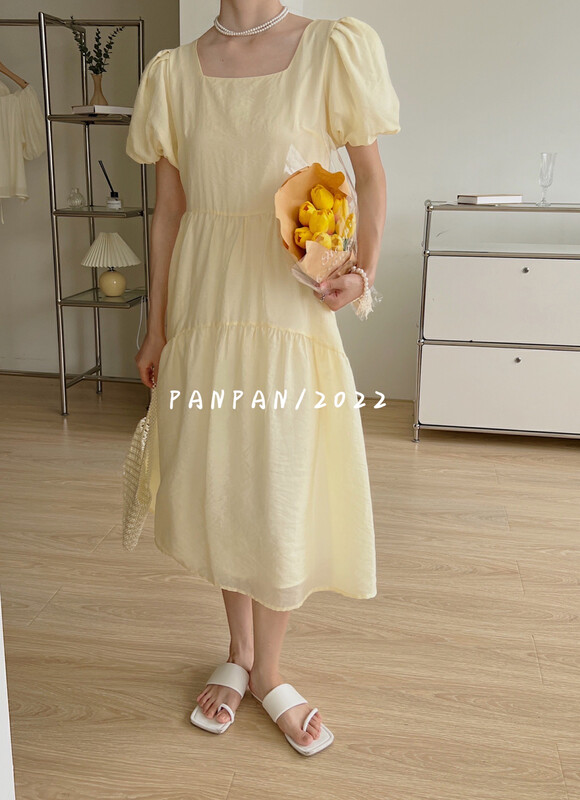 [Panpan] Korean style square neck bubble sleeve lady dress 8339# CSX