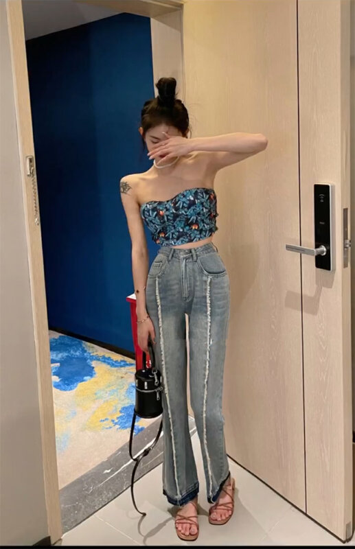 [Muxi] Korean fashion rough edge design loose and versatile jeans 6127# WPL