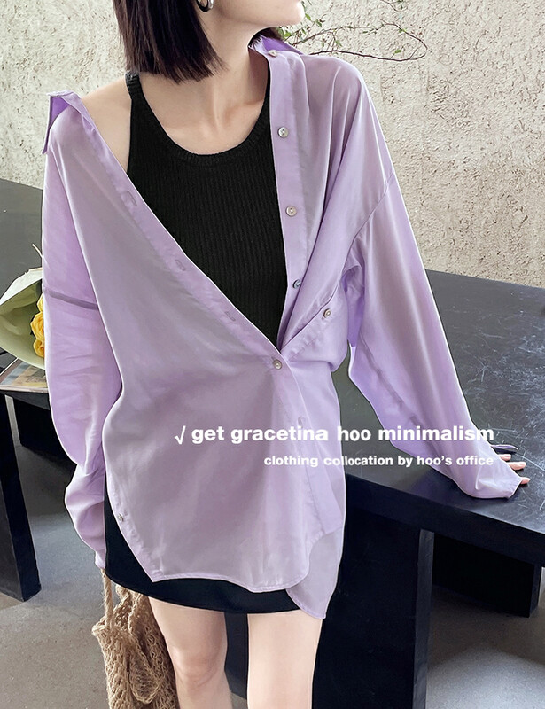 [gracetina Hoo] Tencel cool vertical cut design silhouette shirt cuffs special design cs3223