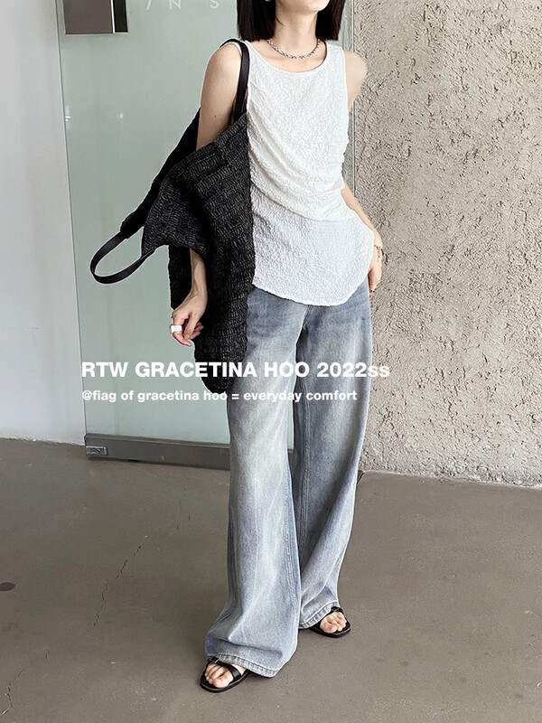 [gracetina Hoo] niche high waist distressed washed lazy jeans n189