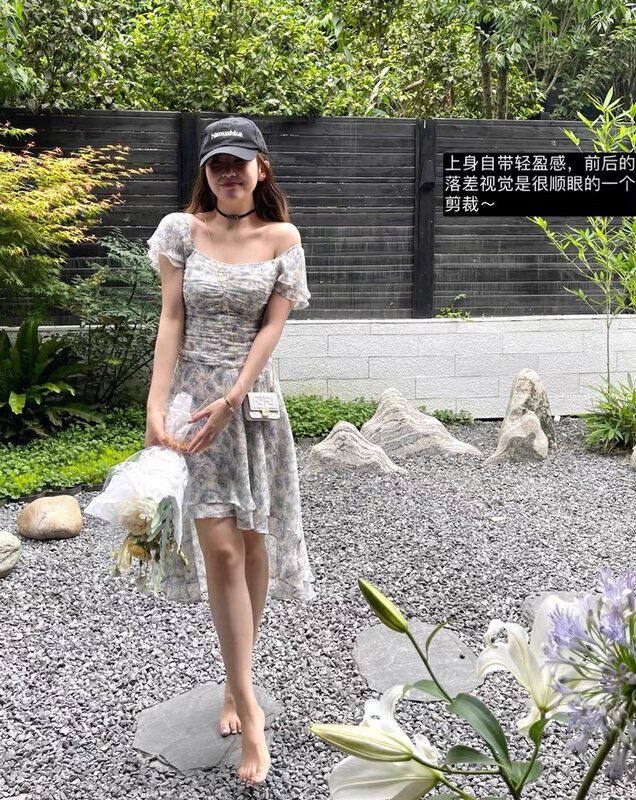 [come and see] slim twigs and vines fluttering short sleeved floral dress 1414# JJ
