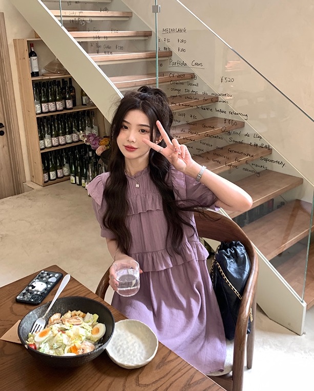 [come and see] Korean solid color loose Ruffle Pullover dress 1398# JJ
