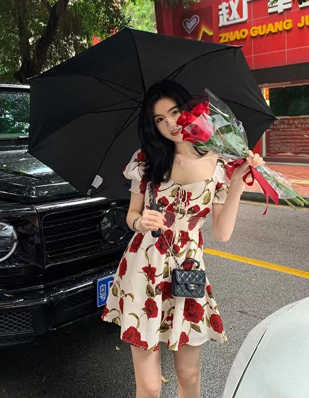 [come and see] design sense niche collar high waist rose temperament dress 1412\jj