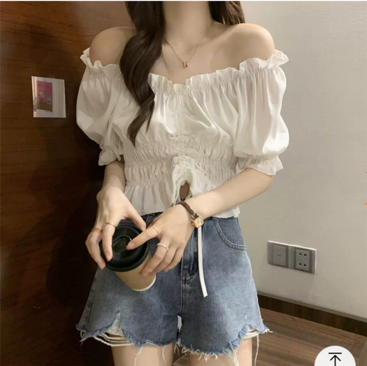 [fne fne] Korean style little women's one line neck short shirt 2259# WPL