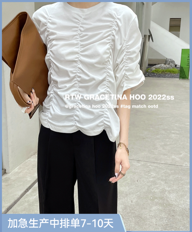 [gracetina Hoo] niche design casual pleated short sleeve T-shirt t2162