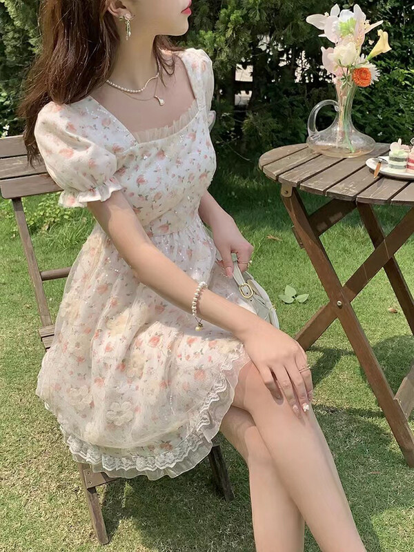 [come and see] gentle and sweet broken flowers summer harvest waist thin mesh bubble sleeve Princess Dress (without necklace) 1386# JJ