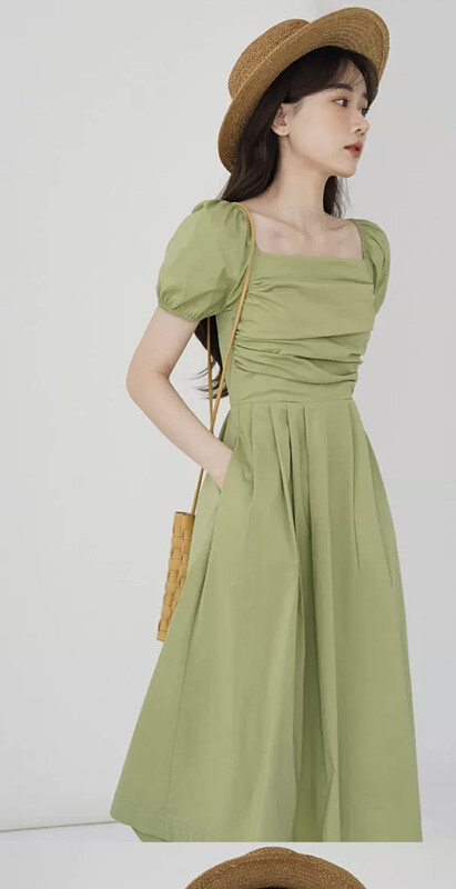 [come and see] French retro square neck bubble sleeve dress 1404# JJ