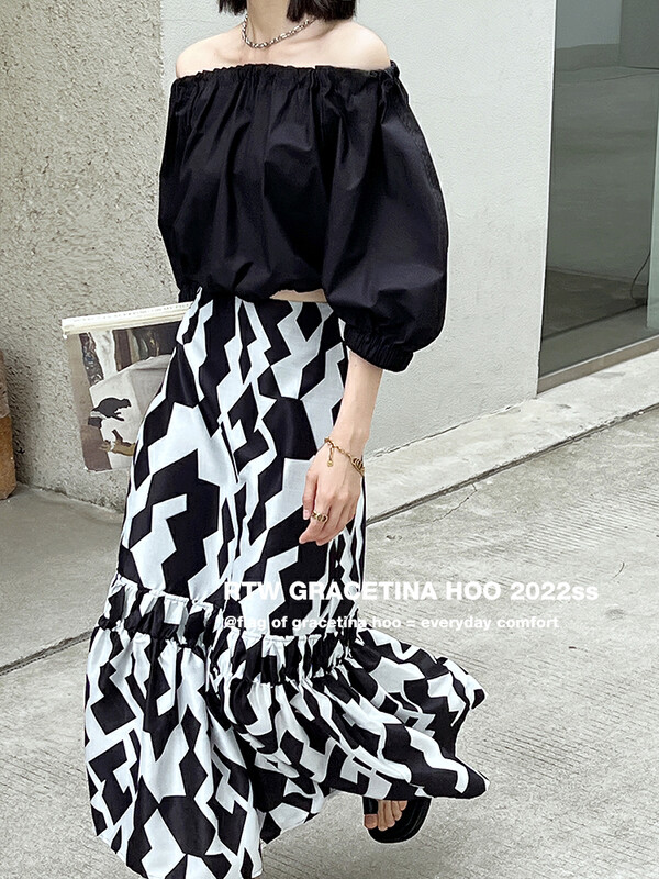 [gracetina Hoo] niche geometric print stitched high waist skirt bq2180