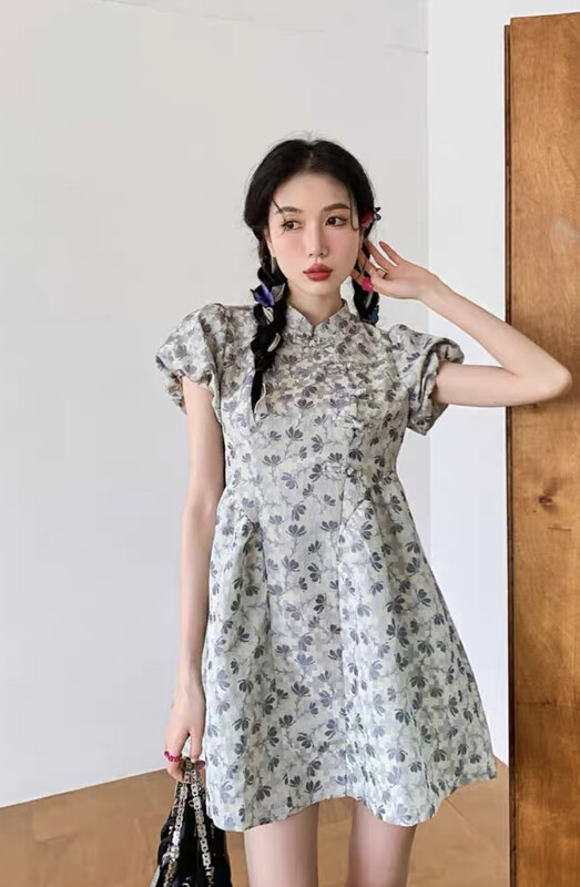 [come and see] chives are well cut, new Chinese style improved floral cheongsam, loose waist, vintage bud sleeve Jacquard Dress 1420\jj