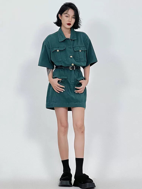[come and see] Korean version small fashionable western style dress (with belt) 1352# JJ
