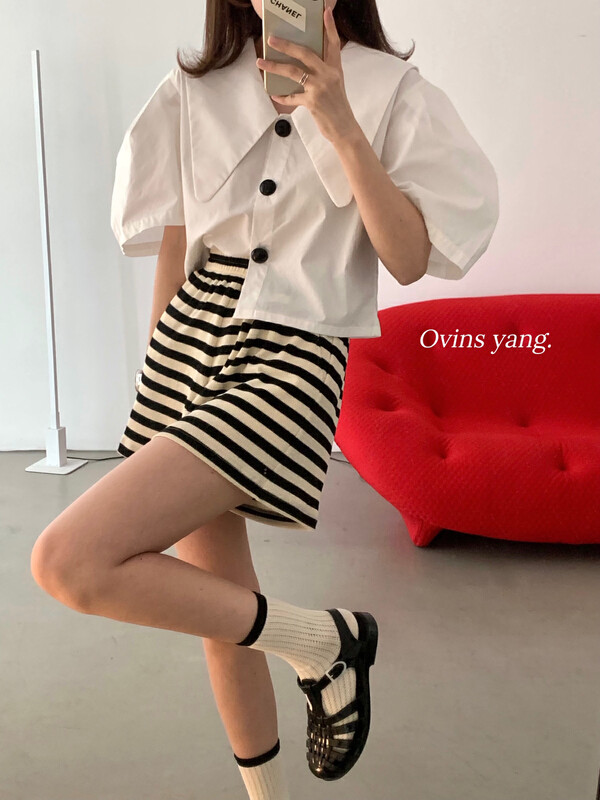 [ovinsyang] knitted striped casual shorts casual pants 8850 × WTT