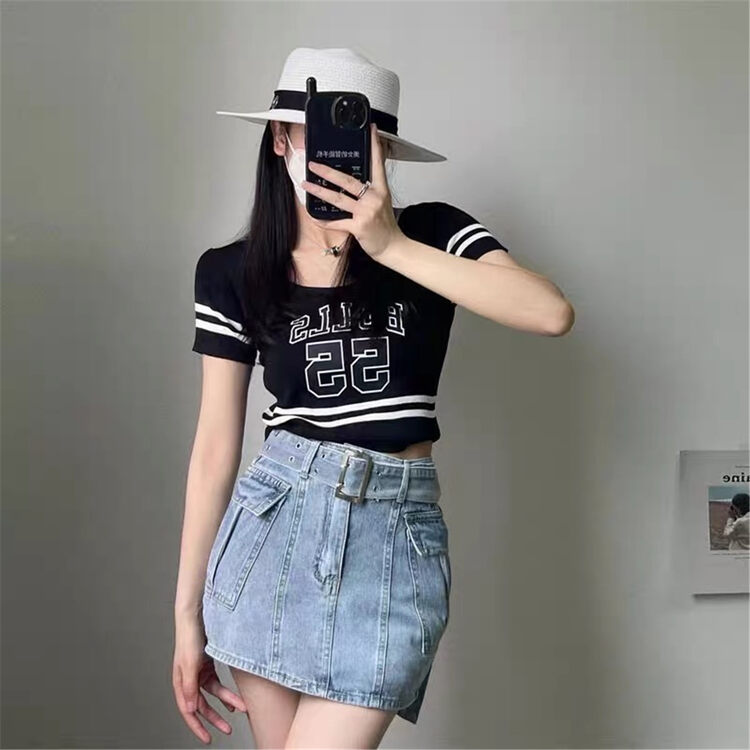 [Muxi] large pocket denim shorts skirt (with belt) 6121# WPL