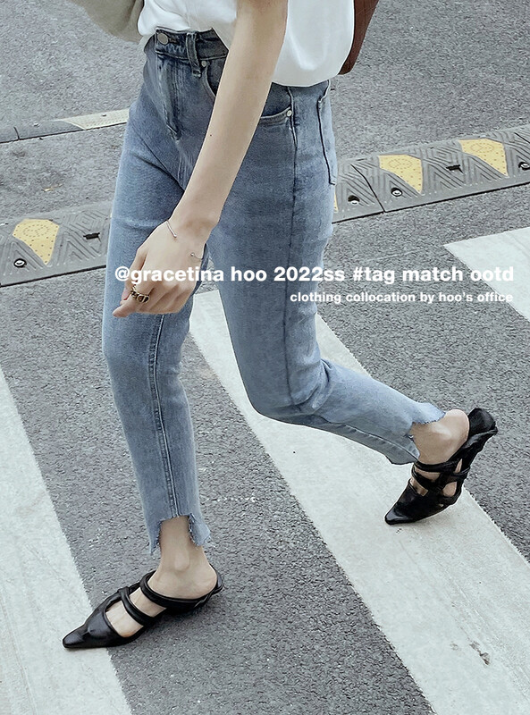 [gracetina Hoo] Korean version simple high waist irregular hem design, slim and versatile jeans n094