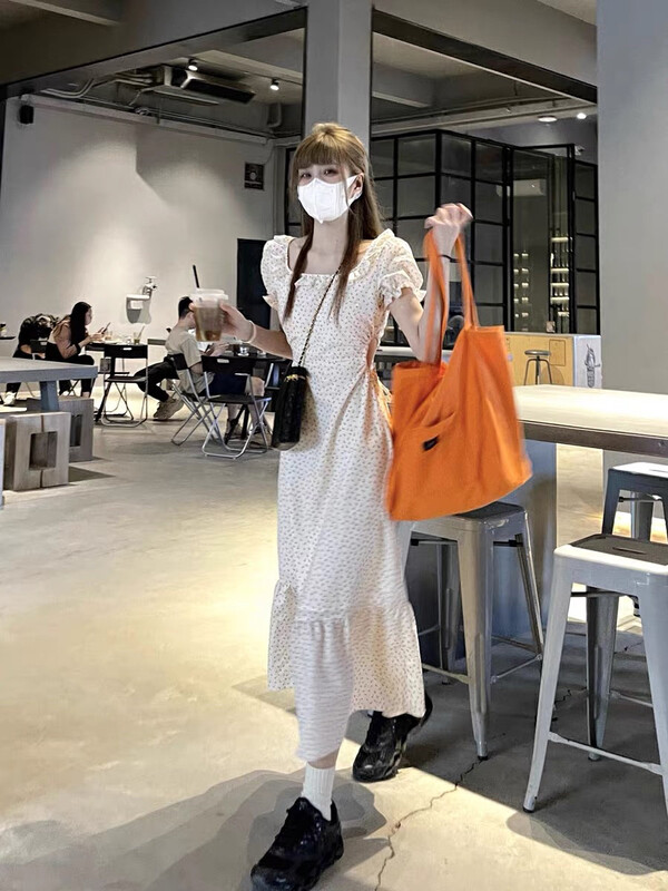 [come and see] hollowed out waist shrink thin bubble sleeve floral dress 1405 \jj