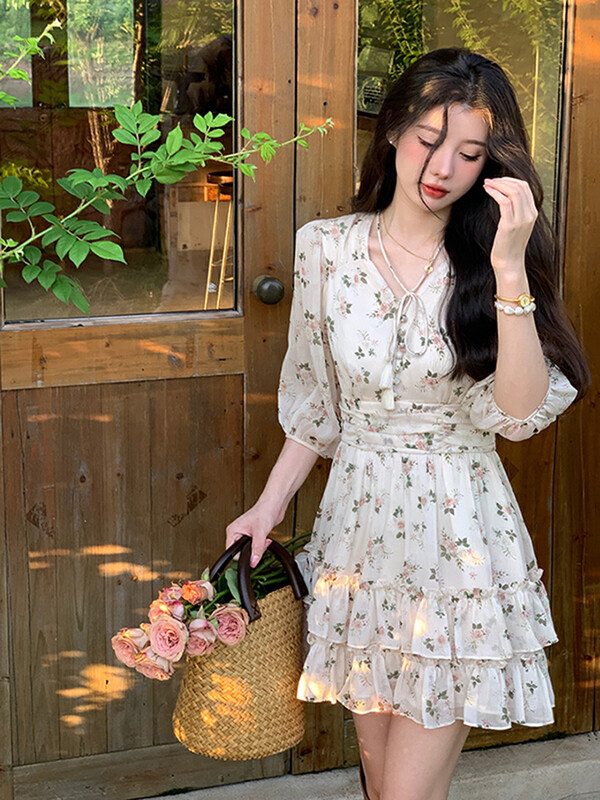 [come and see] French V-neck Chiffon floral sweet date dress 1413# JJ