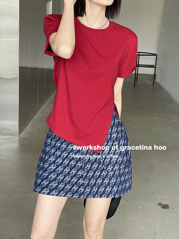 [gracetina Hoo] irregular hem design Short Sleeve T-Shirt shoulder pad decoration t2193