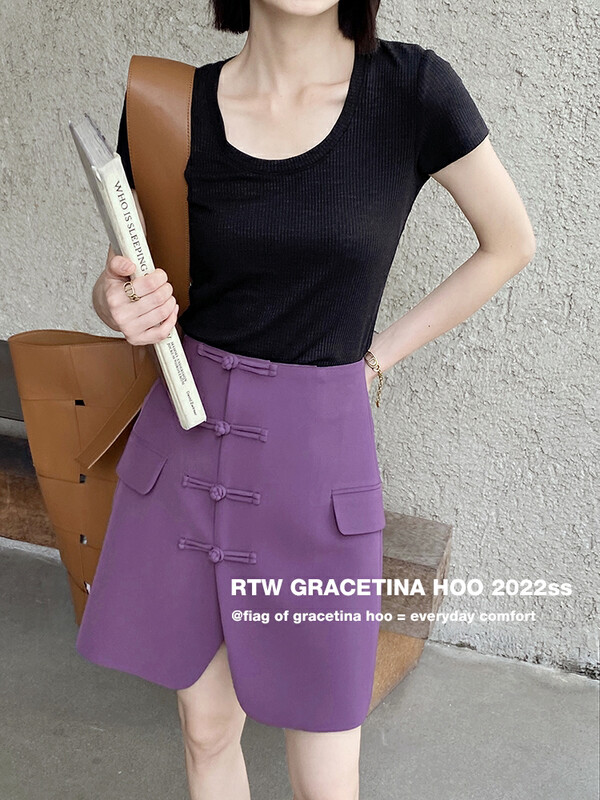 [gracetina Hoo] new Chinese buckle design high waist skirt pocket design bq6206