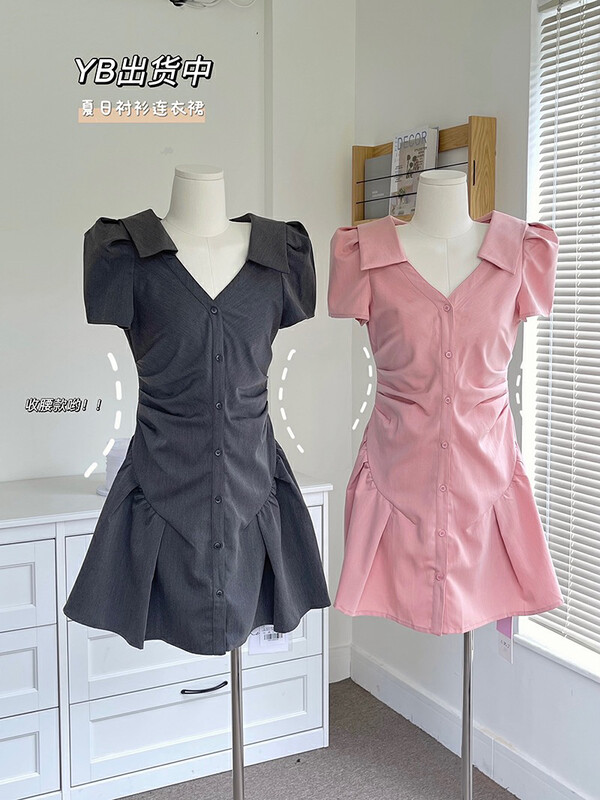 [come and see] Korean pleated slim fit bubble sleeve dress 1148\jj