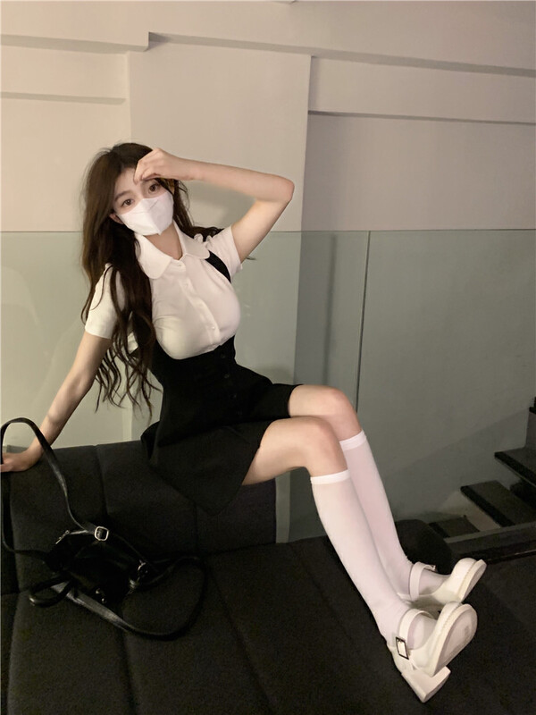 [come and see] niche waist strap dress + pure thin shirt suit 1304 \jj