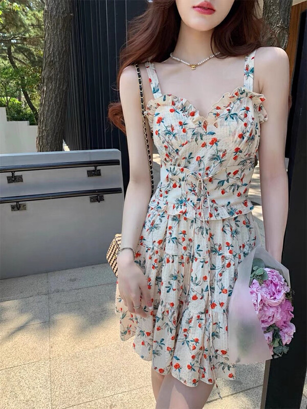 [come and see] a white red floral suspender dress (with waist rope) 1371# JJ