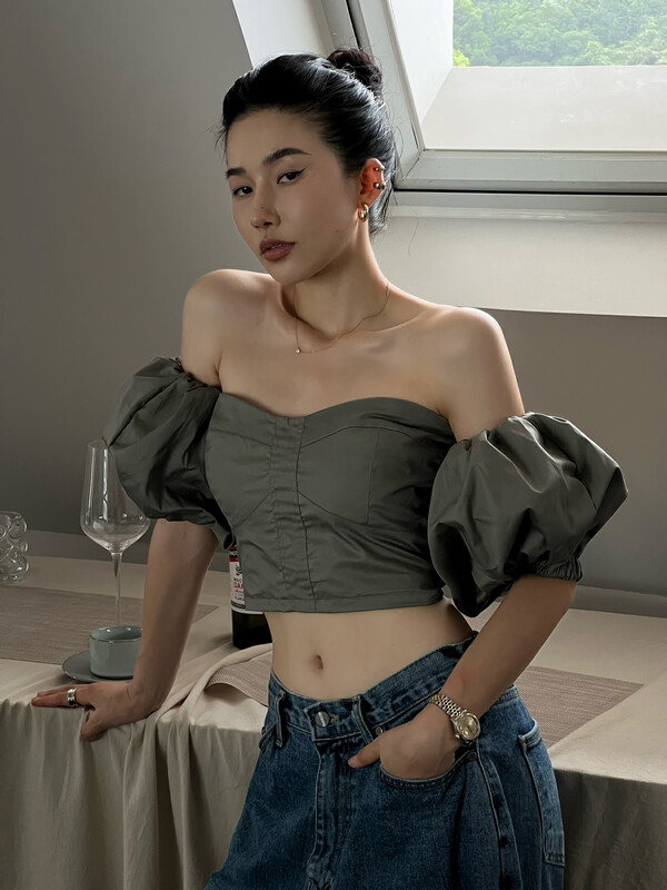 [all in] stitched bubble sleeve short shirt 4314# ozq