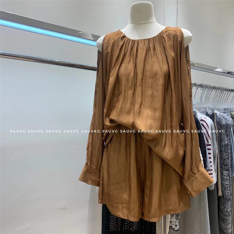 [sauvag] round neck off shoulder long sleeved shirt + casual Shorts Set 6098# zjy