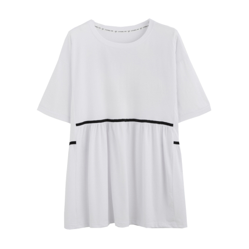 Real shot pull frame cotton back Lapel short sleeve T-shirt women's summer high waist doll middle and long design top