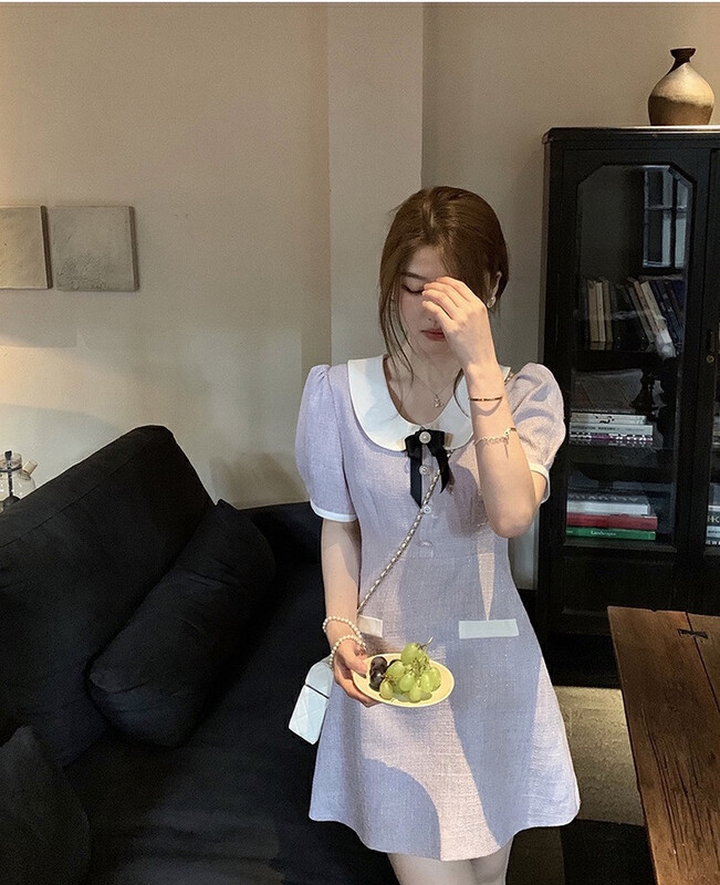 [come and see] sweet baby collar bubble sleeve waist dress (with detachable bow) 1399# JJ