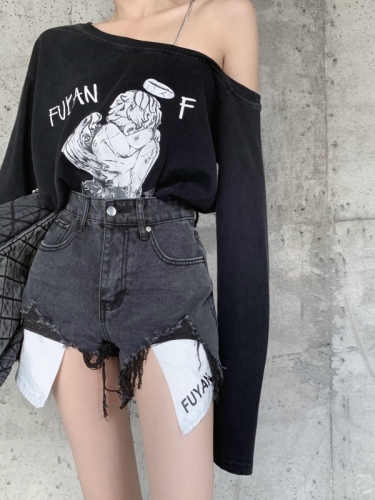 Real price ins blogger lazy casual off shoulder loose T-Shirt Top High Waist Spice Girl Vintage denim shorts