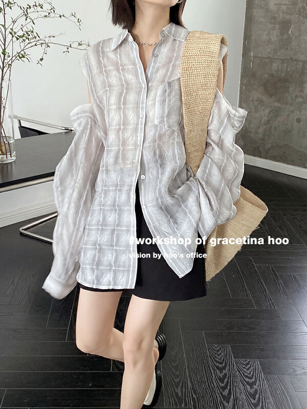 [gracetina Hoo] design stripe loose off shoulder shirt cs6252