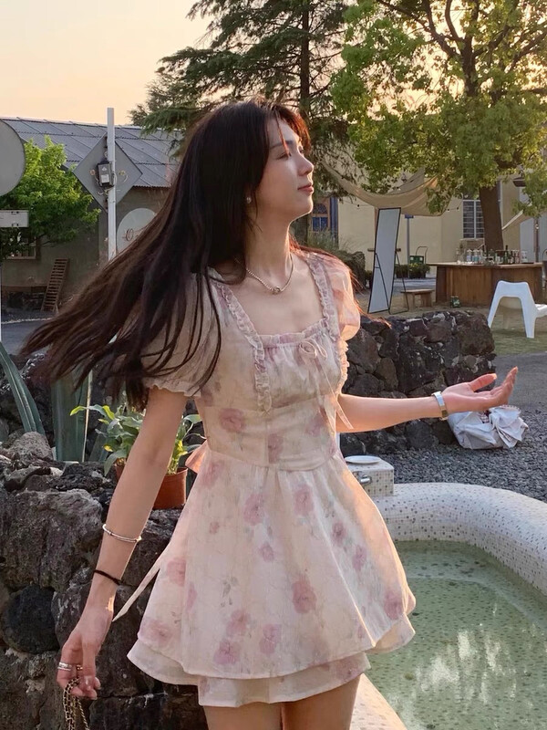 [come and see] sweet floral bubble sleeve waist dress 1382# JJ