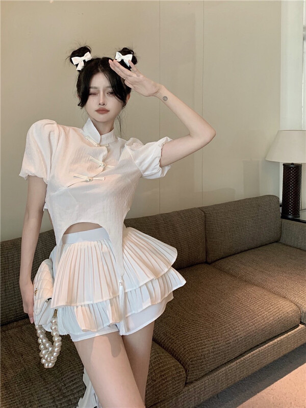 [come and see] small stand collar pan button bubble sleeve shirt + high waist double Pleated Shorts Set 1332# JJ